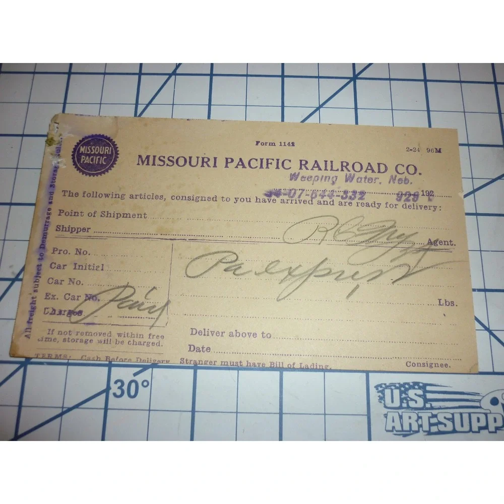 1924 Missouri Pacific Railroad Freight Notice‎ Postcard Weeping Water Nebraska